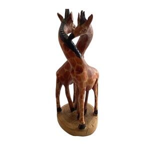 Giraffe Figure African Wood Art Wooden Entwined Pair Hand Carved Statue 9”